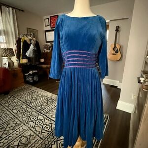 Vintage 1950s Blue Velvet Swing Dress Purple Satin Stripes Rockabilly Jazz Era